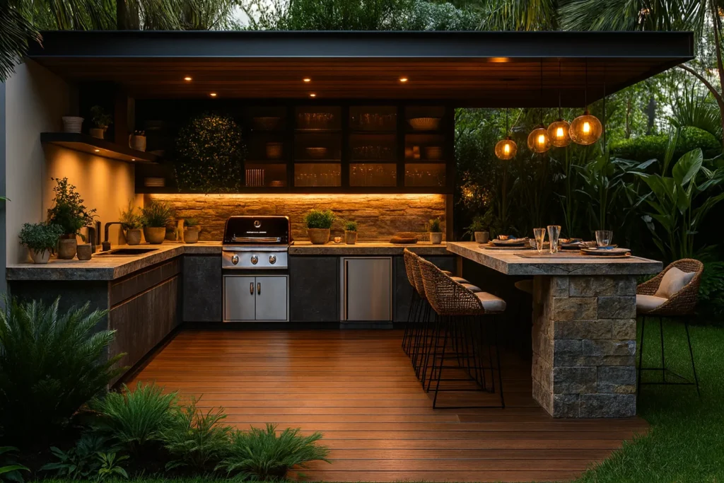 Modern outdoor kitchen design with built-in grill and dining space