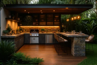 Modern outdoor kitchen design with built-in grill and dining space